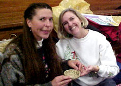 Jeanne Williams with the winner of the People Basket, Connie Miller while she was working on it 